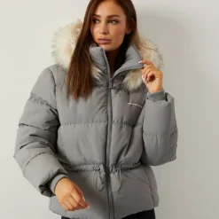 Dame justerbar talje dunjakke med imiteret pels hætte Charcoal