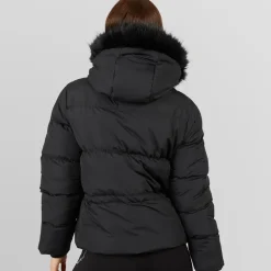 Dame justerbar talje dunjakke med imiteret pels hætte Sort