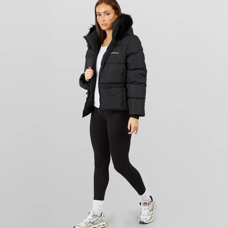 Dame justerbar talje dunjakke med imiteret pels hætte Sort