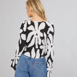 Dame Kendal Langærmet Bådudskæring Flared Top Sort Monokrom Blomst