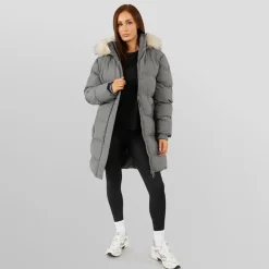 Dame Lang Frakke I Imiteret Pels Med Hætte Skifergrå