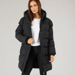 Dame Lang Lang Faux Fur Parka med Hætte Sort