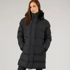 Dame Lang Lang Faux Fur Parka med Hætte Sort