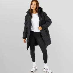 Dame Lang Lang Faux Fur Parka med Hætte Sort