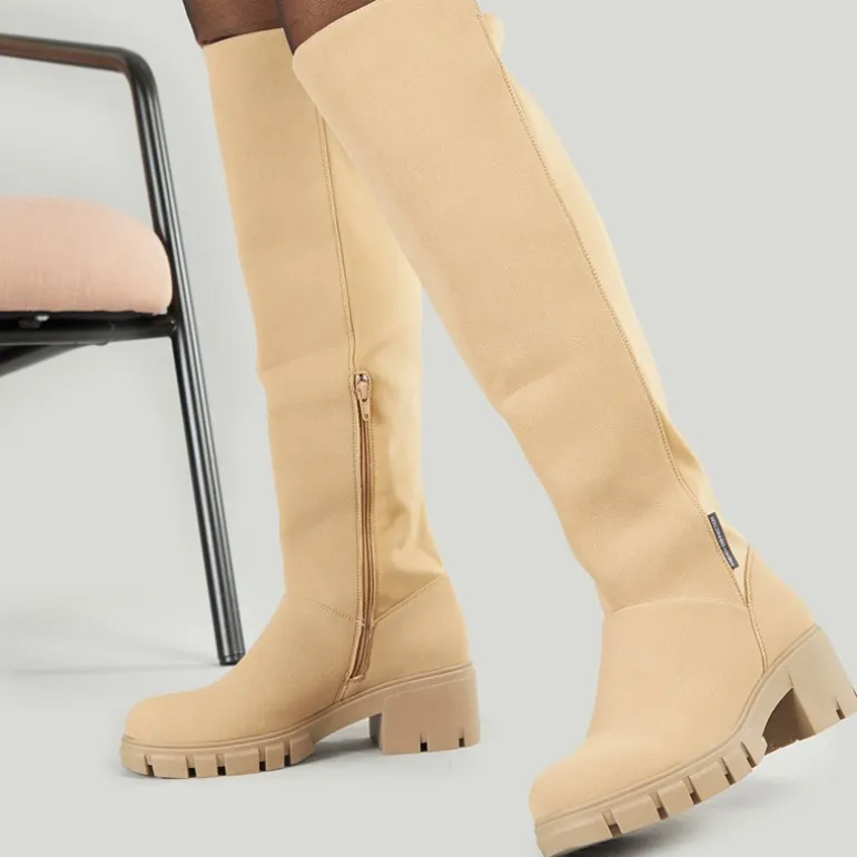 Dame Støvler Med Højt Skaft Og Stræk, Stenfarvet