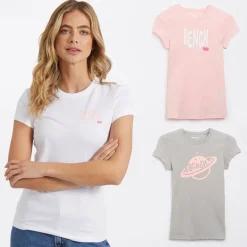 Dame T-shirts med print Lolah (pakke med 3) lyserød/​sølvgrå/​hvid