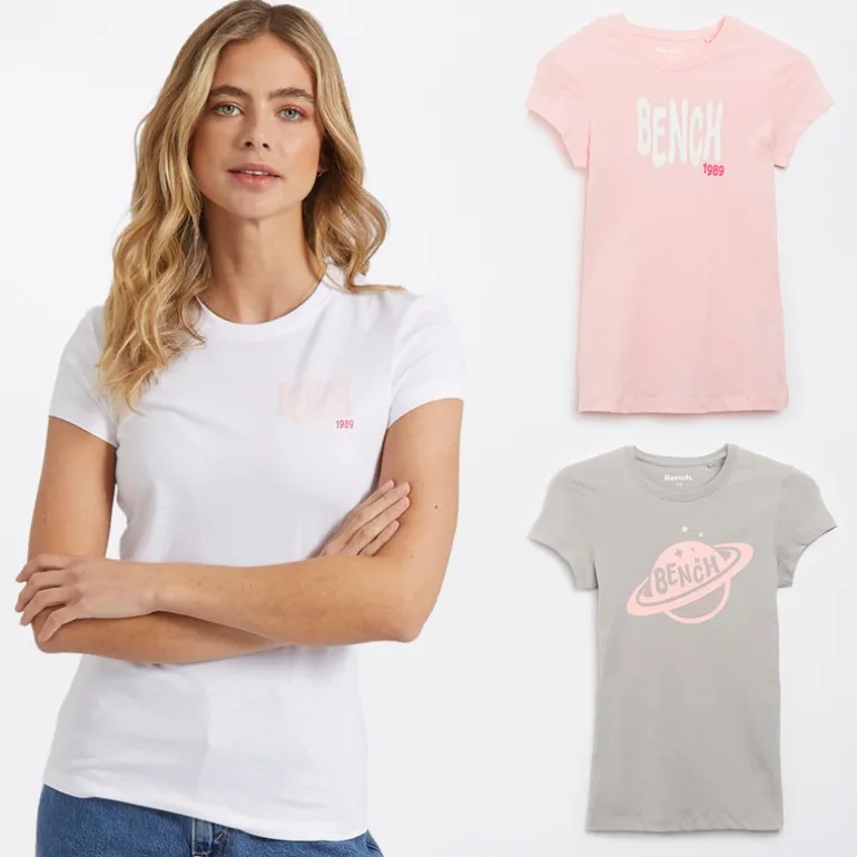 Dame T-shirts med print Lolah (pakke med 3) lyserød/sølvgrå/hvid