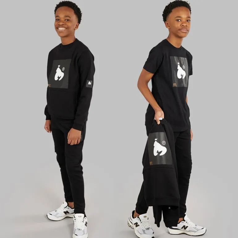 Drenge kombi patch t-shirt sweatshirt og joggingbukser træningssæt Sort