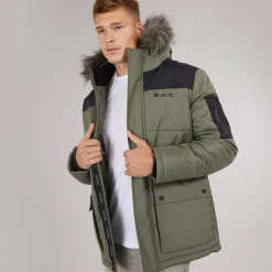 Herre Pelsbesat Hætteforsynet Vatteret Ripstop Parka Khaki/​Sort