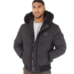 Herre Pufferjakke med pelshætte Sort