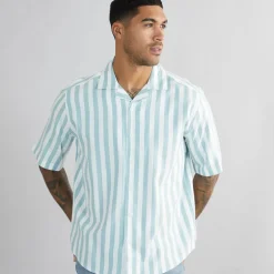 Herre Tes Relax Bomuld Slub Stribet Kortærmet Skjorte Seaspray Stribet