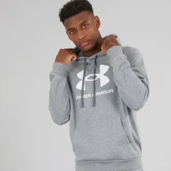 Hættetrøje til Herre UA Rival Fleece Logo Castlerock Lysegrå/Hvid