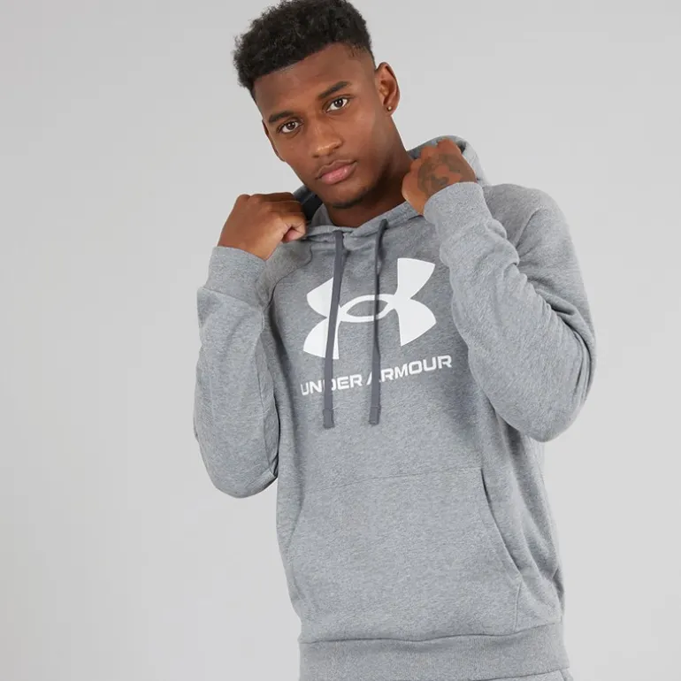 Hættetrøje til Herre UA Rival Fleece Logo Castlerock Lysegrå/Hvid