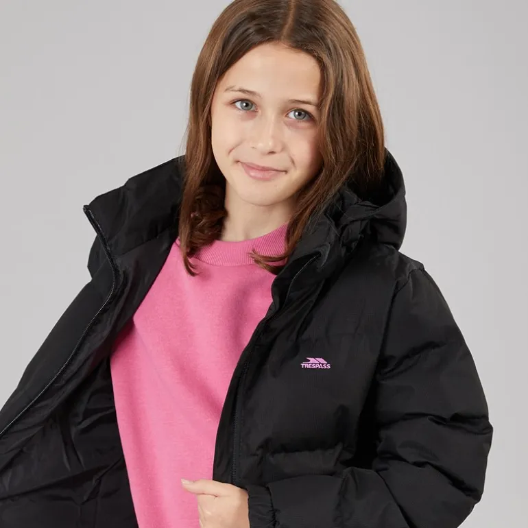 Piger Tiffy Vandtæt Lang Polstret Hættejakke Sort