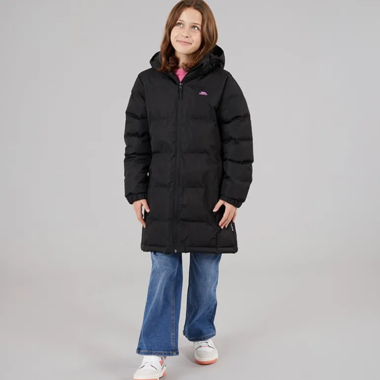 Piger Tiffy Vandtæt Lang Polstret Hættejakke Sort